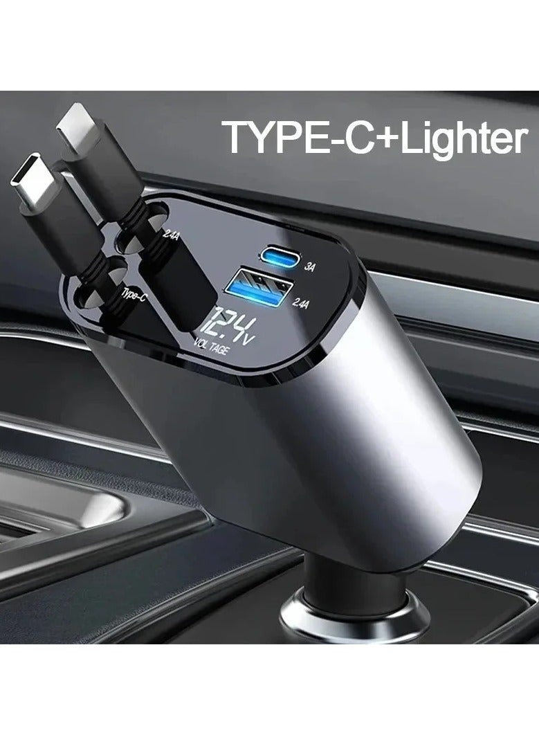 AROAQ 4 in 1 Car Charger 120W Retractable Adapter With USB and Type C Fast Charging Cable for IPhone Xiaomi Huawei and Samsung Devices - Image 1