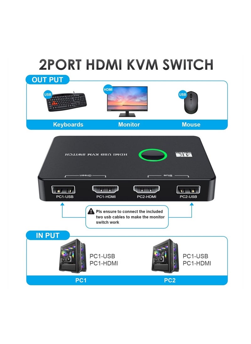 Generic - KVM Switch, KVM Switch 1 Monitors 2 Computers, KVM Switches HDMI for 2 Computers Share 1 Monitor, Supports 4K @60 Hz, 2 HDMI Cables and 2 USB Cables Included - Image 1