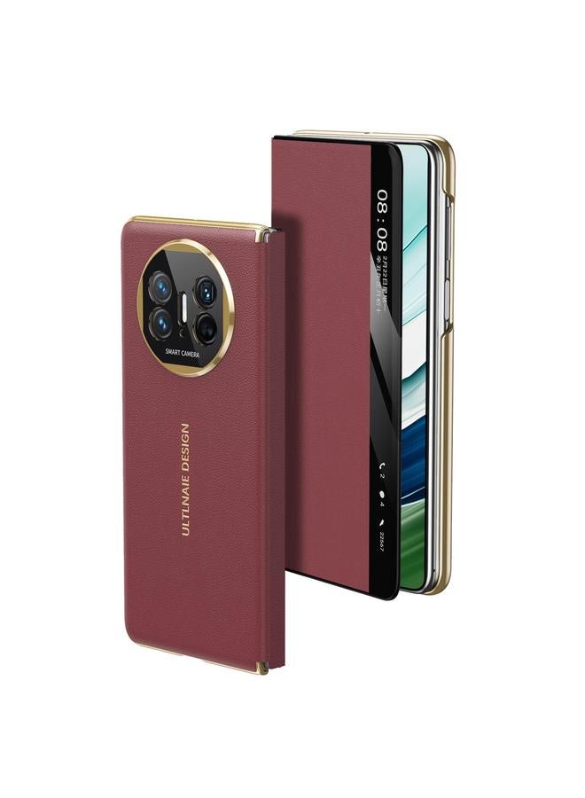 اس-توب جراب هاتف Huawei Mate X5 ذهبي قابل للطي مع نافذة ذكية من الجلد MagSafe - Image 1