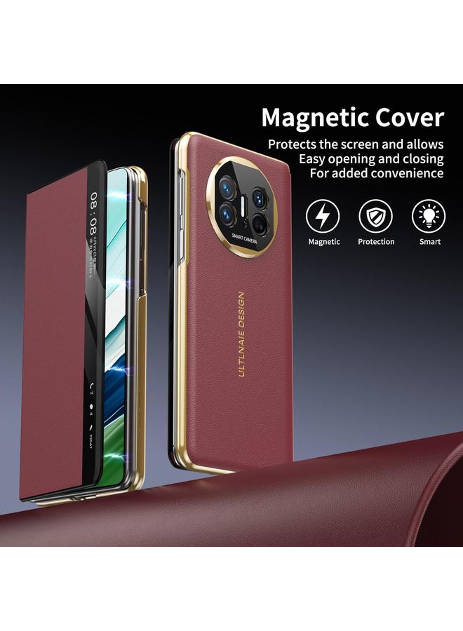 اس-توب جراب هاتف Huawei Mate X5 ذهبي قابل للطي مع نافذة ذكية من الجلد MagSafe - Image 2