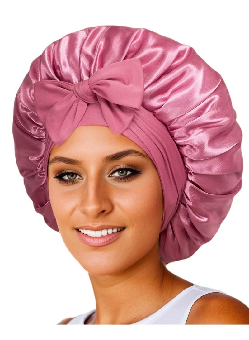 1 Set Hair Bonnet Wide Band - Silk Like Sleeping Bonnets for Curly Hair Night Cap with Tie Band for Women and Girls (Bean Paste Color)