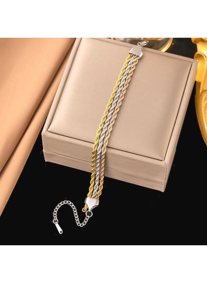 م اكس م طقم أساور ذهبية فضية للنساء مجوهرات، سوار من 3 طبقات بسلسلة حبل ملتوية، هدية مجوهرات عصرية للنساء (ذهبي-فضي) - Image 1