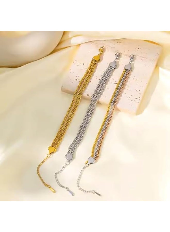 م اكس م طقم أساور ذهبية فضية للنساء مجوهرات، سوار من 3 طبقات بسلسلة حبل ملتوية، هدية مجوهرات عصرية للنساء (ذهبي-فضي) - Image 5