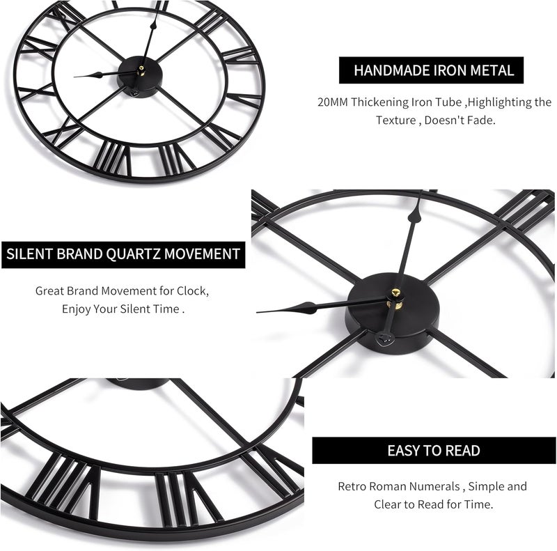 LEIKE 16" Large Wall Clocks Battery Operated, Round Modern Silent Non-Ticking Black Metal Wall Clock for Living Room Decor, Bedroom Kitchen (40cm Diameter, Black Roman Number) - Image 3