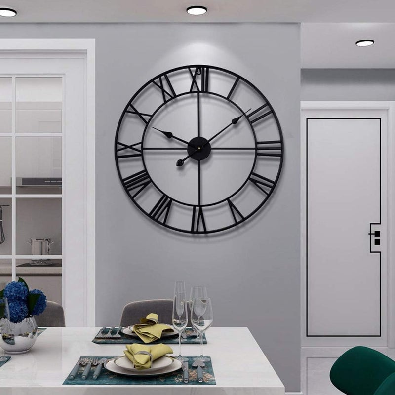 LEIKE 16" Large Wall Clocks Battery Operated, Round Modern Silent Non-Ticking Black Metal Wall Clock for Living Room Decor, Bedroom Kitchen (40cm Diameter, Black Roman Number) - Image 1
