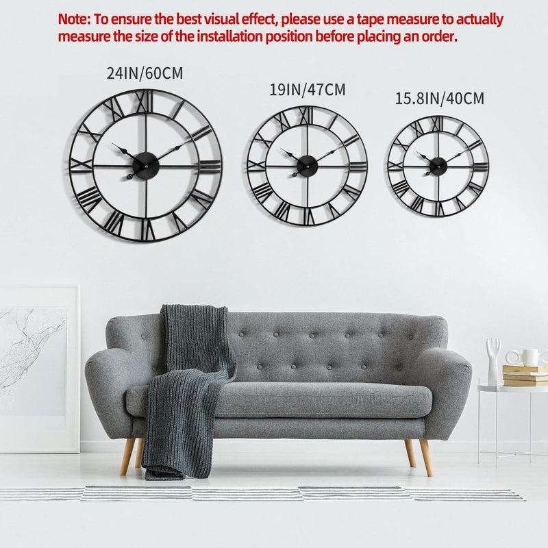 LEIKE 16" Large Wall Clocks Battery Operated, Round Modern Silent Non-Ticking Black Metal Wall Clock for Living Room Decor, Bedroom Kitchen (40cm Diameter, Black Roman Number) - Image 2