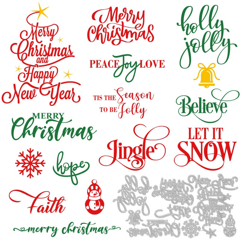 Whaline 16Pcs Christmas Metal Die Cuts Snowflake Snowman Tree Bell Steel Cutting Die Greeting Words Embossing Stencils Templates for DIY Crafts Card Making Scrapbook Photo Album Stamp Decor