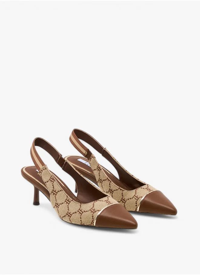 ELLE Monogram Print Slingback Pointed Toe Shoes with Kitten Heels