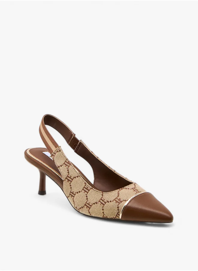 ELLE Monogram Print Slingback Pointed Toe Shoes with Kitten Heels