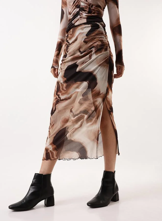 Hubberholme  Women's Brown 100% Polyester Self Design Pattern Midi Bodycon Slim Fit Skirt for Women | Best Price UAE