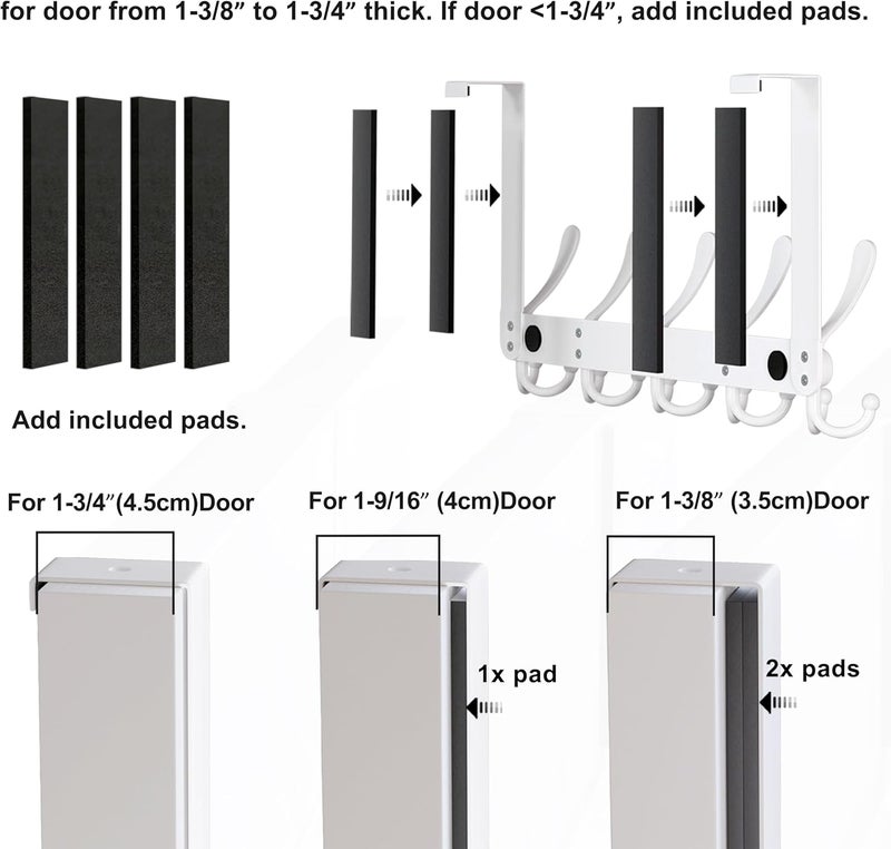 Dseap Over The Door Hook Hanger - Fits 1 3/8" to 1 3/4" Standard Doors | 5 Tri Hooks Heavy Duty Towel/Coat Rack | Door Organizer for Clothes, Jackets, Hats, Towels, White, Pack of 2 - Image 4