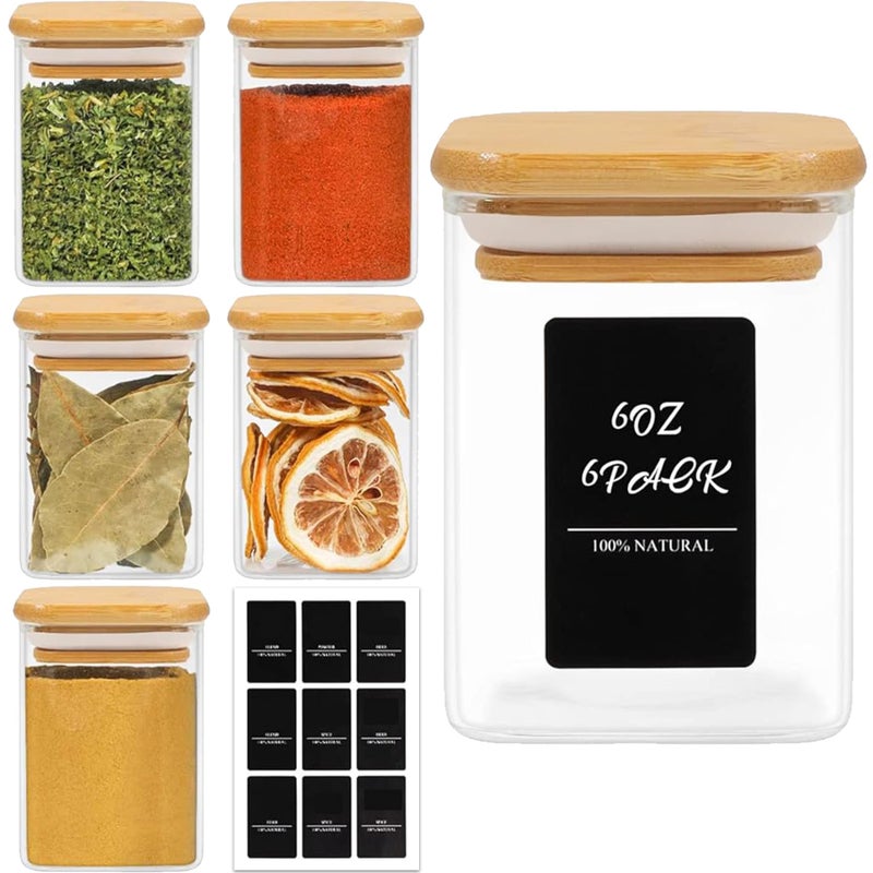 ComSaf 6Pcs 6 oz Spice Jars with Label Trial Set Glass Spice Jars with Bamboo Lids Supplementary Set Seasoning Container Trial Pack Perfect for Ktichen Starter