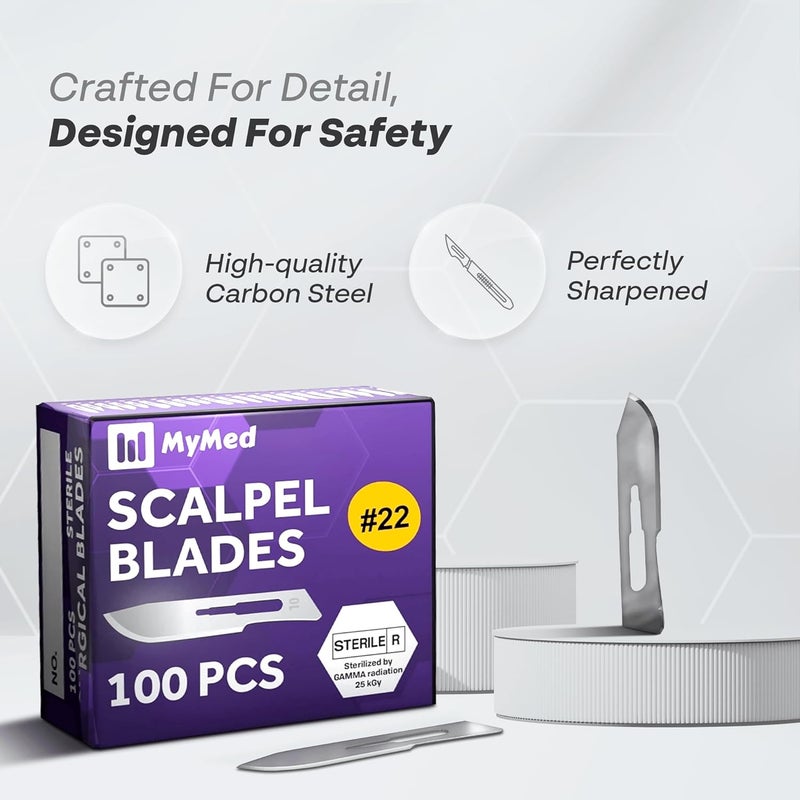 My Med شفرات مشرط قابلة للتصرف | شفرات حادة من الفولاذ الكربوني #22 | عبوة من 100 | أكياس فردية معقمة | أداة ديرما بلانينغ للوجه للمحترفين، أطباء الأقدام، الحرف والمزيد - Image 5