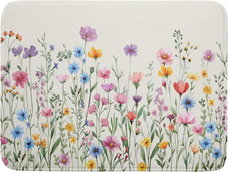 Giwawa Spring Floral Dish Drying Mat 18"x24" Watercolor Summer Wildflower Dish Drainer Mats Herb Flower Reversible Absorbent Dish Drying Pad Decor for Kitchen Countertop Dining Room - Image 1