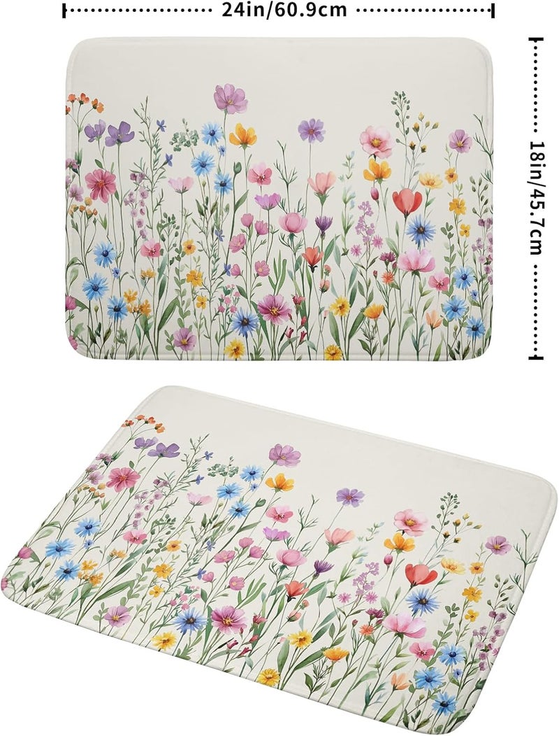 Giwawa Spring Floral Dish Drying Mat 18"x24" Watercolor Summer Wildflower Dish Drainer Mats Herb Flower Reversible Absorbent Dish Drying Pad Decor for Kitchen Countertop Dining Room - Image 2