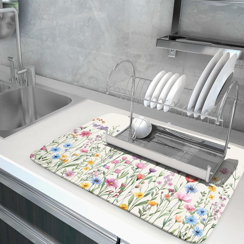 Giwawa Spring Floral Dish Drying Mat 18"x24" Watercolor Summer Wildflower Dish Drainer Mats Herb Flower Reversible Absorbent Dish Drying Pad Decor for Kitchen Countertop Dining Room - Image 5