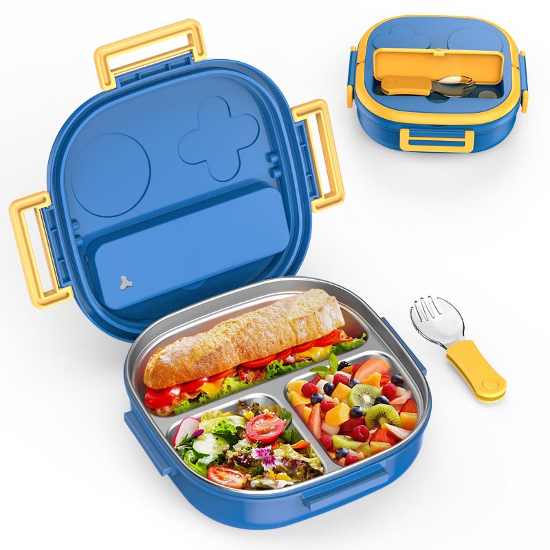 PEDECO Bento Box for Kids Stainless Steel - 3-Compartment - Complete Lunch Set with Portable Utensil - Ideal for Children Under 10 Years Old - Dishwasher Safe & BPA-Free(Blue) - Image 1