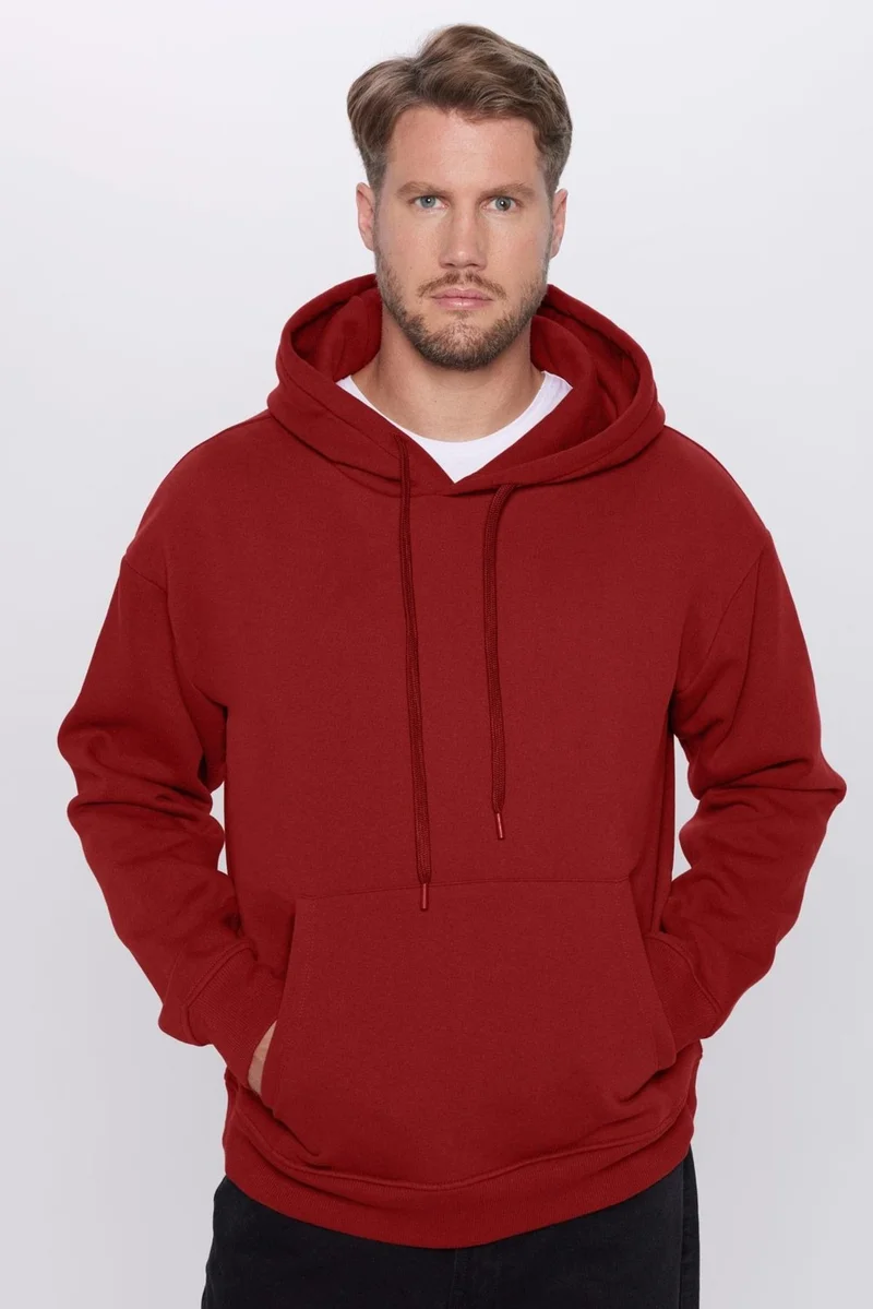 Tudors Unisex Oversize Wide Cut Cotton Soft Textured Fleece Lined Basic Claret Red Hooded Sweatshirt