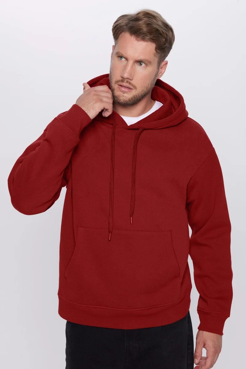 Tudors Unisex Oversize Wide Cut Cotton Soft Textured Fleece Lined Basic Claret Red Hooded Sweatshirt