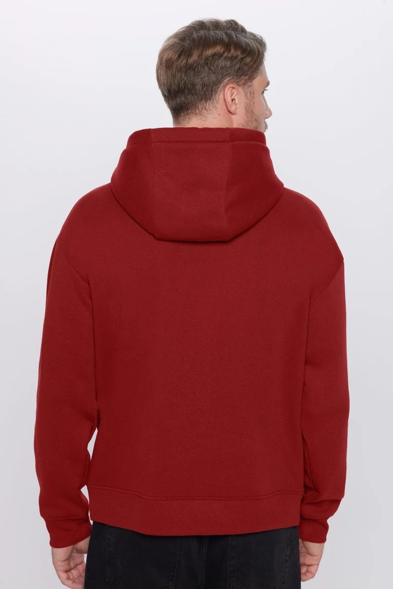 Tudors Unisex Oversize Wide Cut Cotton Soft Textured Fleece Lined Basic Claret Red Hooded Sweatshirt