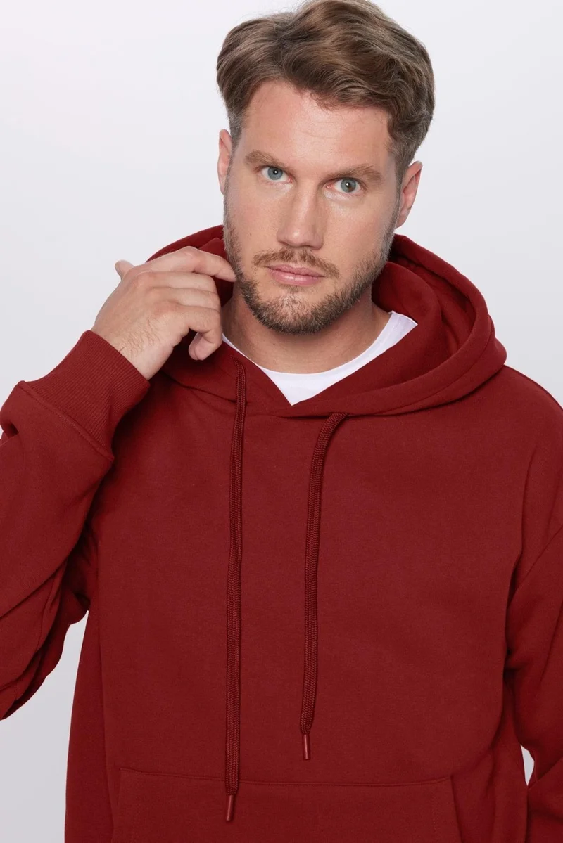 Tudors Unisex Oversize Wide Cut Cotton Soft Textured Fleece Lined Basic Claret Red Hooded Sweatshirt
