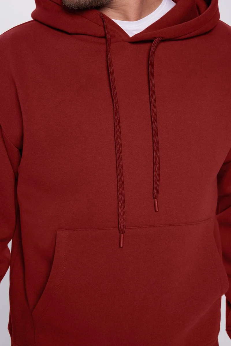 Tudors Unisex Oversize Wide Cut Cotton Soft Textured Fleece Lined Basic Claret Red Hooded Sweatshirt