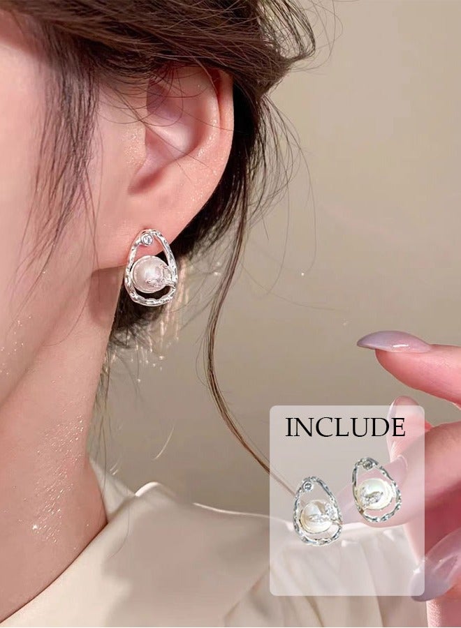 Silver Plated Pearl Drop Earrings for Women, Hypoallergenic 925 Silver Needle, Irregular Cubic Zirconia Hoop, Dainty Bridal Jewelry for Daily Elegance & Wedding Guest - Image 1
