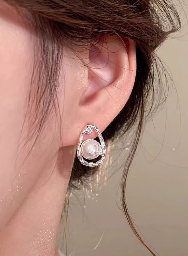 Silver Plated Pearl Drop Earrings for Women, Hypoallergenic 925 Silver Needle, Irregular Cubic Zirconia Hoop, Dainty Bridal Jewelry for Daily Elegance & Wedding Guest - Image 3