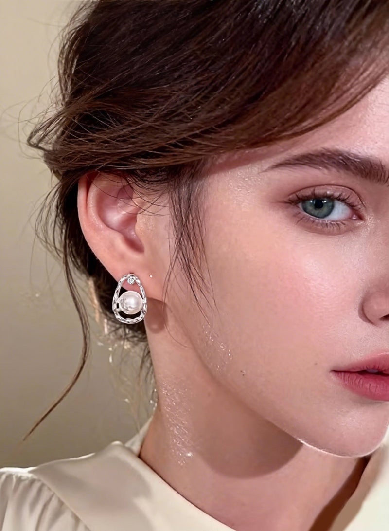 Silver Plated Pearl Drop Earrings for Women, 925 Silver Needle Irregular Cubic Zirconia Hoop Earrings, Hypoallergenic Bridal Jewelry for Wedding and Daily Wear for Ladies Girls Women - Image 1