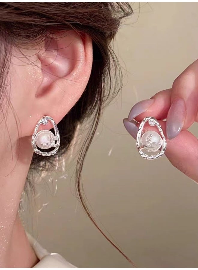 DAEVO Silver Plated Pearl Stud Earrings with Zircon Accent for Women - Image 2