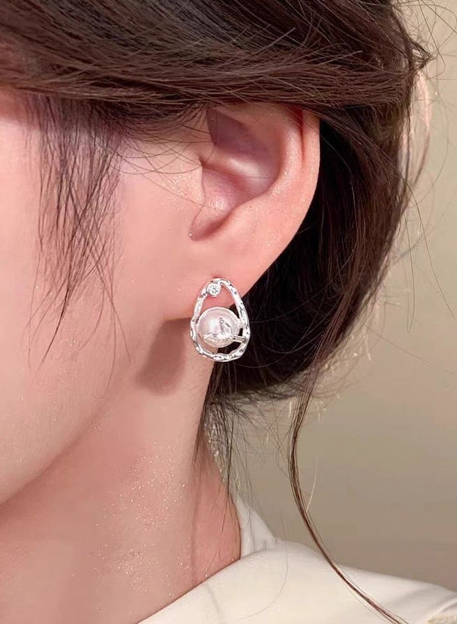 DAEVO Silver Plated Pearl Stud Earrings with Zircon Accent for Women - Image 4
