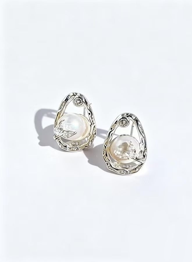 DAEVO Silver Plated Pearl Stud Earrings with Zircon Accent for Women - Image 1