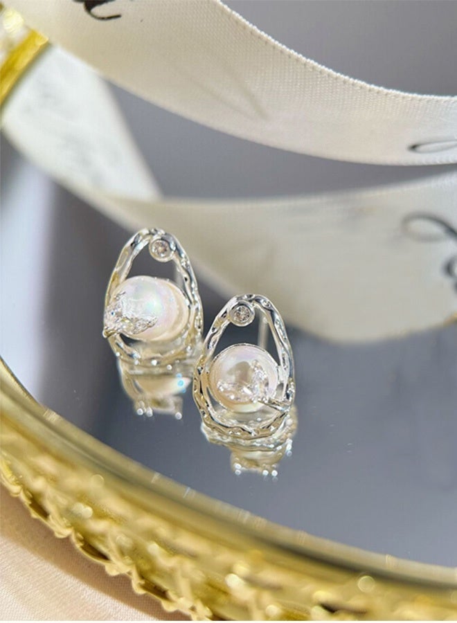 DAEVO Silver Plated Pearl Stud Earrings with Zircon Accent for Women - Image 3