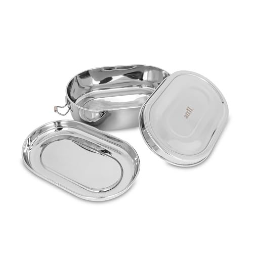 ATTIL - Stainless Steel Medium Lunch Box for School & Office with Mini Plate for Snacks | Curries - Stainless Steel Lunch Box for Kids & Office - Locking Clip - Kids Friendly Lid - Capacity 640 ml - Image 1