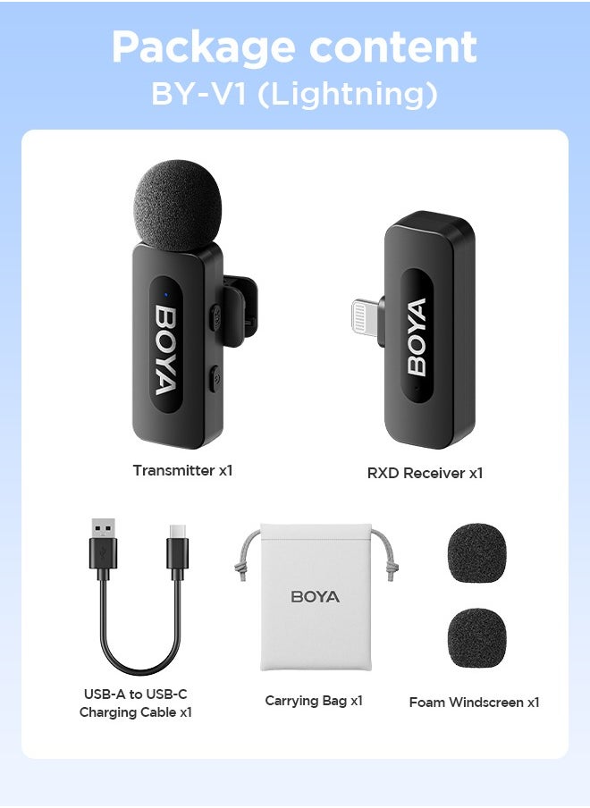 BOYA - BOYA BY-V1 Wireless Lavalier Microphone for iPhone iPad, 1 Transmitter+ 1 Receiver Wireless Mic for Interview Vlog Recording - Image 1