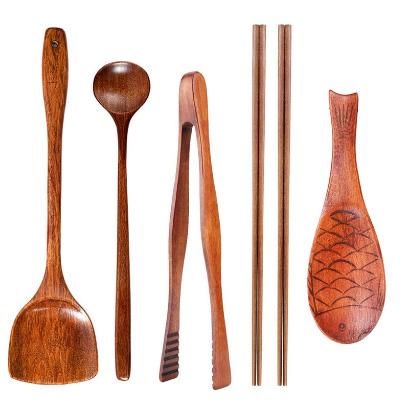 FJNATINH FJNATINH Wok Utensils 6 PCS Wooden Cooking Tools  Wooden Spatula Barbecue Tongs Wok Shovel Cooking Chopsticks Long Spoons Nanmu Fish Shaped Rice Spoon