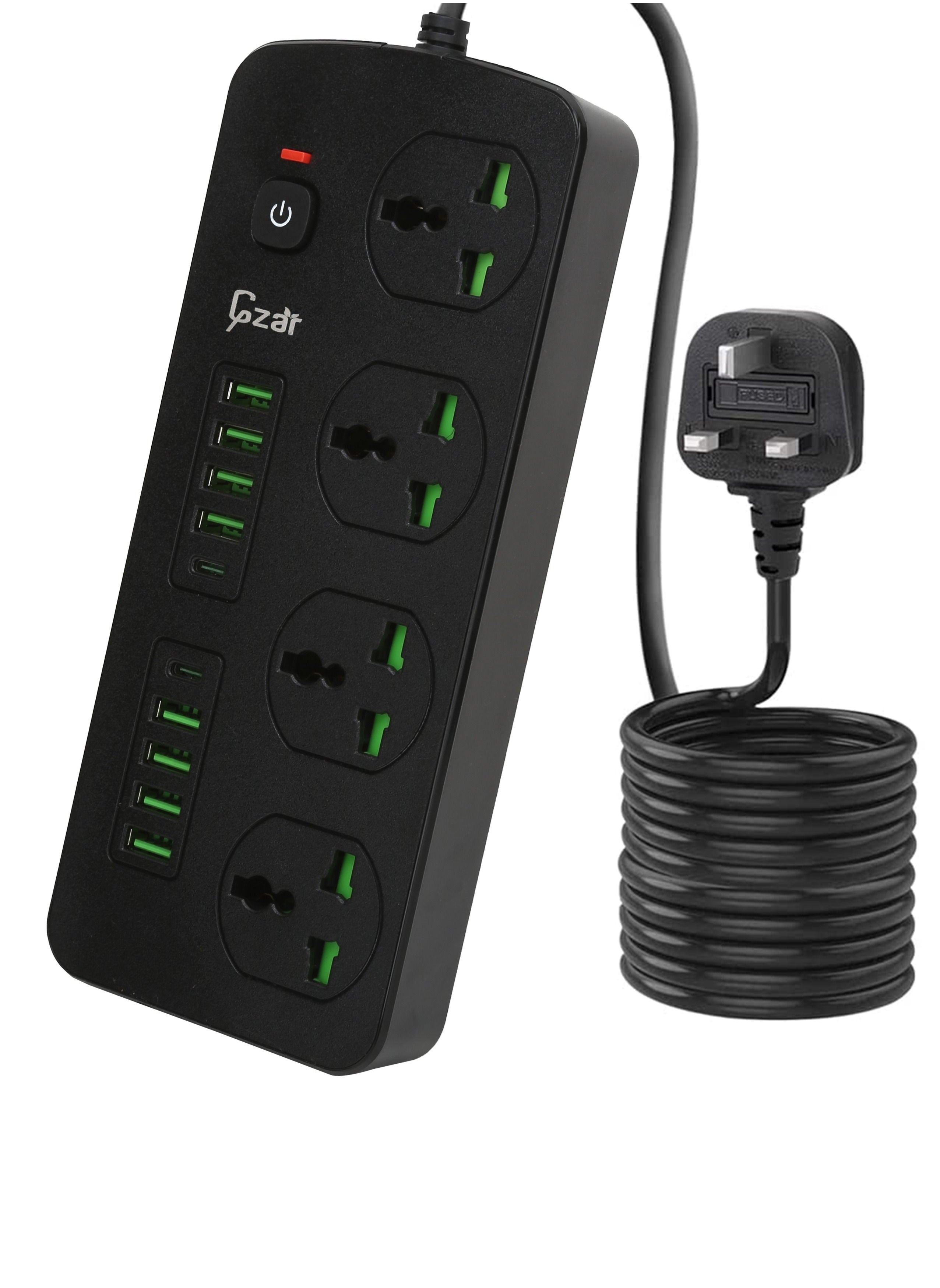 Gzar Gzar Surge Protected Extension Lead with 8 USB Slots 4 Way Plug Extension & 2 USB Type C Power Sockets Multi USB Power Strip 1050J 3000W 4.2A 2M USB Extension Cord For Home Office 