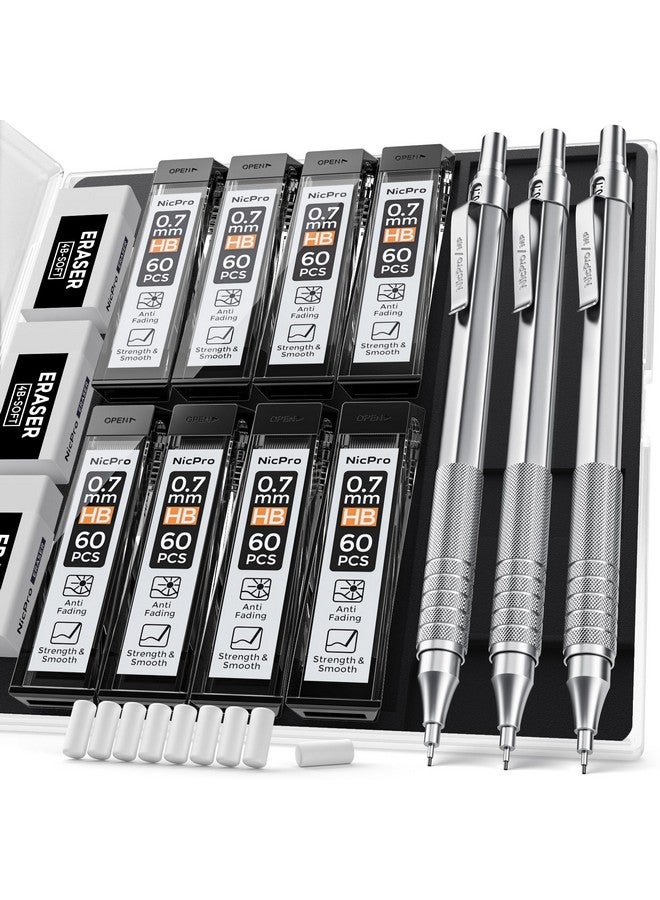 Nicpro 0.7 Metal Mechanical Pencil Set With Case, 3Pcs Mp1000 0.7Mm Artist Lead Pencil With 8 Tube Hb Refills, 3 Erasers, 9 Eraser Refill For Architect Art Drafting Drawing Engineering, Sketching - Image 1