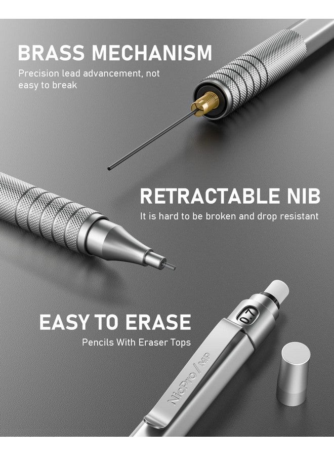 Nicpro 0.7 Metal Mechanical Pencil Set With Case, 3Pcs Mp1000 0.7Mm Artist Lead Pencil With 8 Tube Hb Refills, 3 Erasers, 9 Eraser Refill For Architect Art Drafting Drawing Engineering, Sketching - Image 3