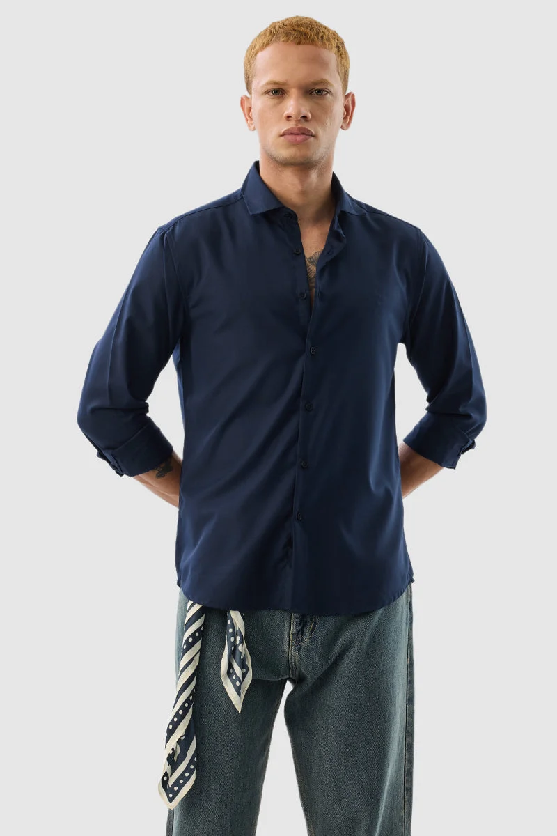 SNITCH Navy Blue Solid Long Sleeve Slim Fit Formal Shirt