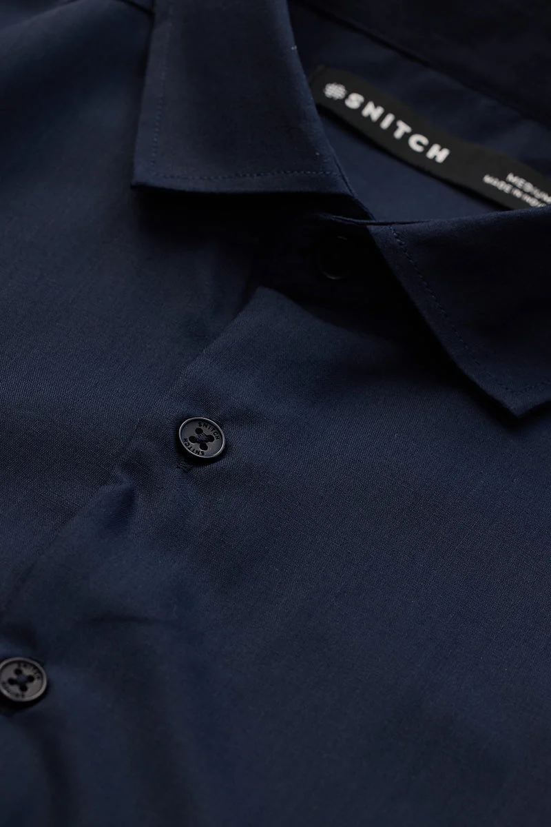 SNITCH Navy Blue Solid Long Sleeve Slim Fit Formal Shirt