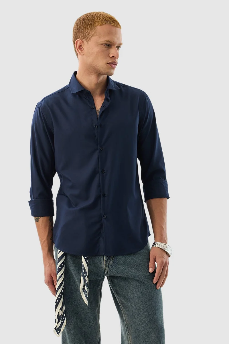 SNITCH Navy Blue Solid Long Sleeve Slim Fit Formal Shirt