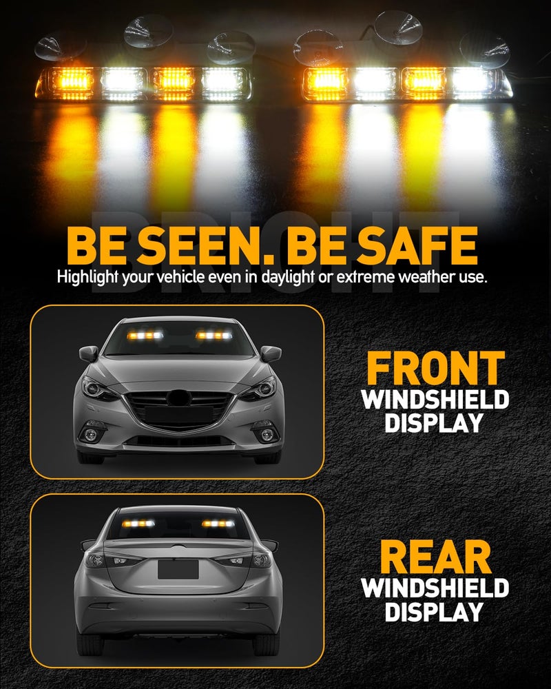 HLauto 2002L Emergency Dash Strobe Lights: Amber White Safety Lights, Flashing Warning Hazard Windshield Visor Traffic Light Bars for Trucks, Construction Vehicles (2x8.5 inch, 48LED) - Image 3