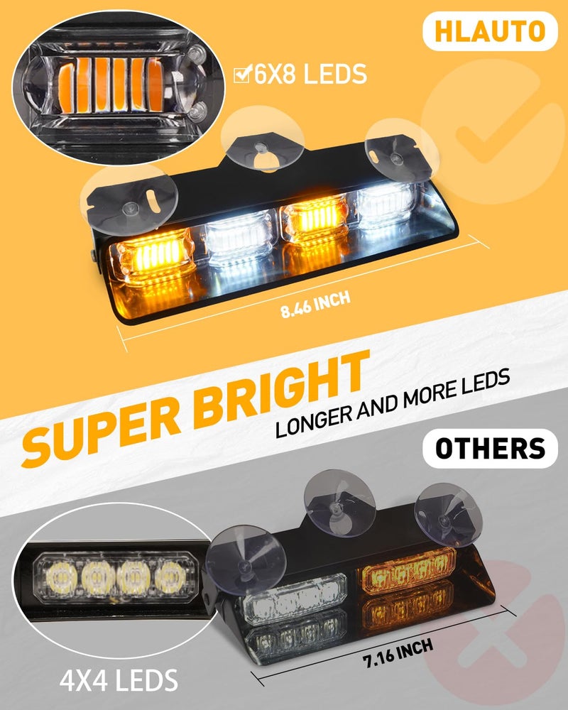 HLauto 2002L Emergency Dash Strobe Lights: Amber White Safety Lights, Flashing Warning Hazard Windshield Visor Traffic Light Bars for Trucks, Construction Vehicles (2x8.5 inch, 48LED) - Image 2