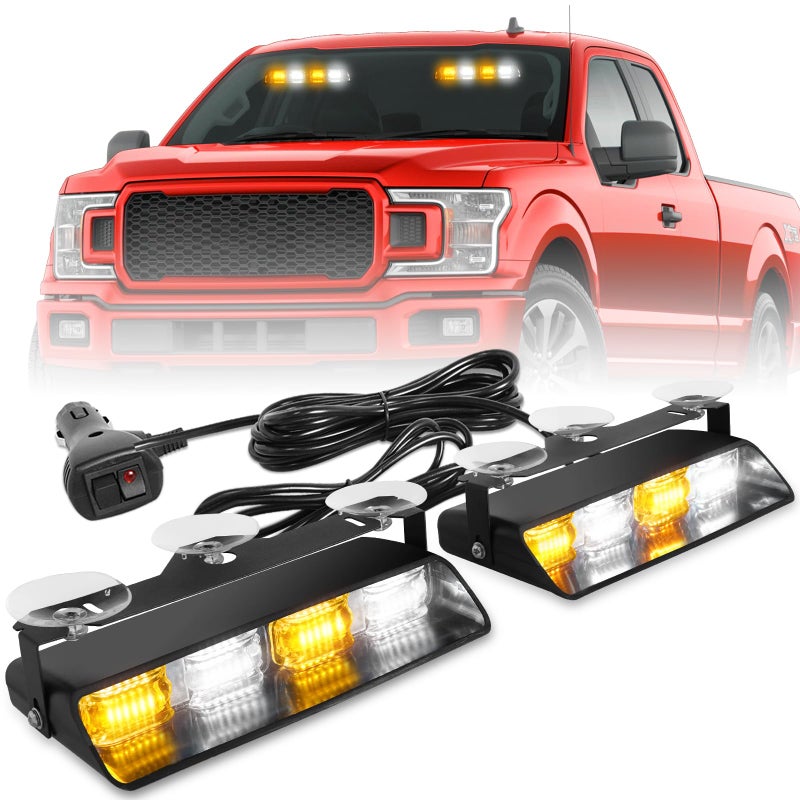HLauto 2002L Emergency Dash Strobe Lights: Amber White Safety Lights, Flashing Warning Hazard Windshield Visor Traffic Light Bars for Trucks, Construction Vehicles (2x8.5 inch, 48LED) - Image 1