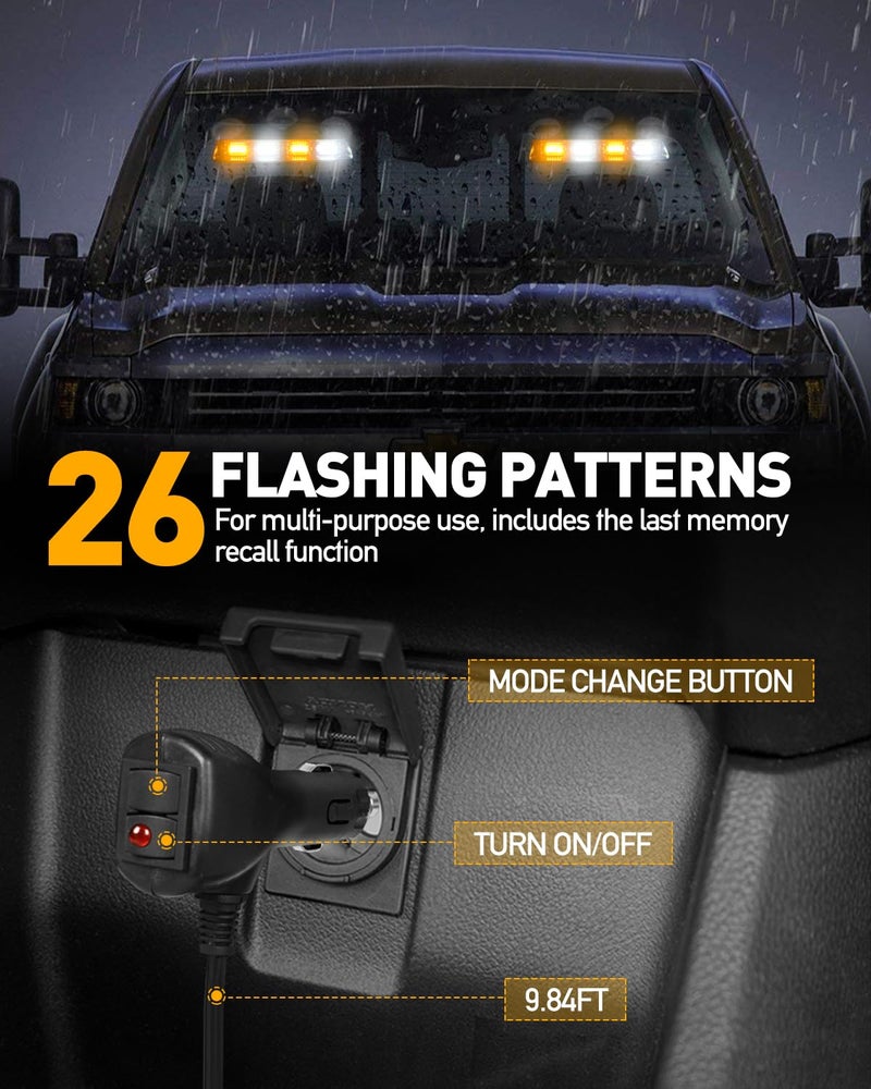 HLauto 2002L Emergency Dash Strobe Lights: Amber White Safety Lights, Flashing Warning Hazard Windshield Visor Traffic Light Bars for Trucks, Construction Vehicles (2x8.5 inch, 48LED) - Image 4