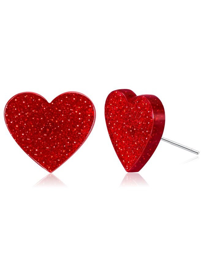 yfstyle Valentines Small Pink Heart Earring Studs Acrylic Glitter Minimalist Heart Earrings for Women Valentines Lover Jewelry Gifts, Metal, No Gemstone - Image 1