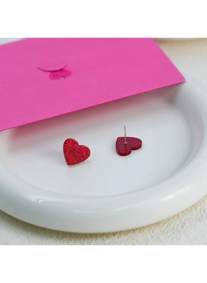 yfstyle Valentines Small Pink Heart Earring Studs Acrylic Glitter Minimalist Heart Earrings for Women Valentines Lover Jewelry Gifts, Metal, No Gemstone - Image 5