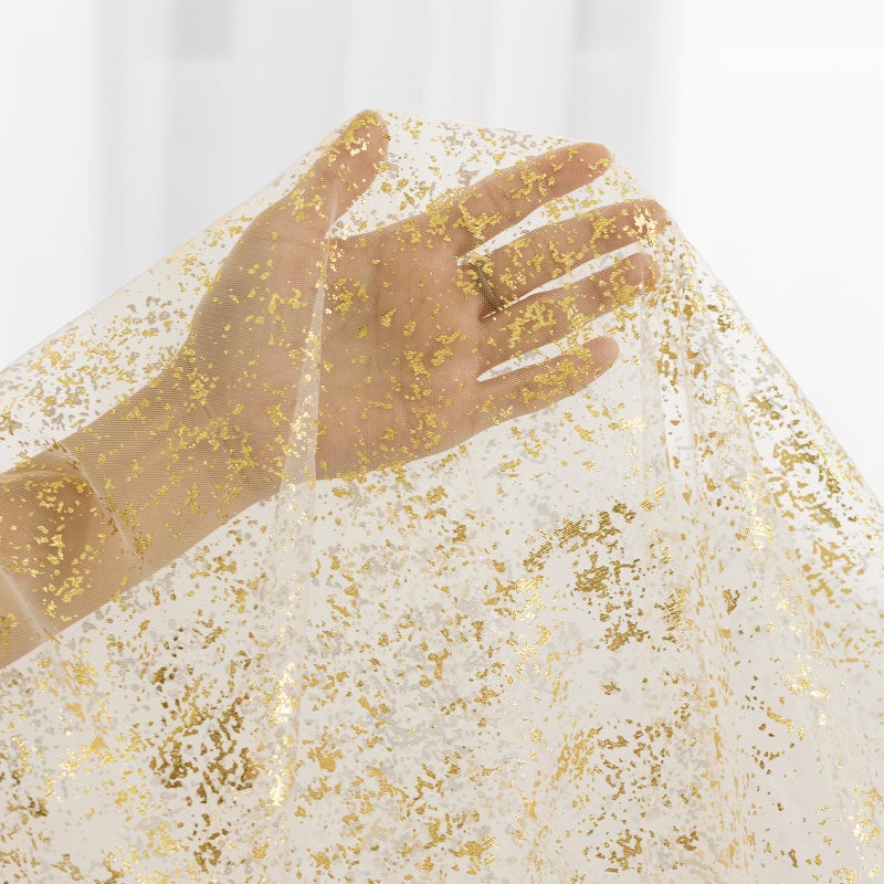 P Pothuiny Glitter Tulle Fabric, Beige Gold Glitter Metallic Foil Sheer Netting Sparkly Fabric for Wedding Dress Tutu Skirt Crafts Gift Packaging Party Backdrop Decor, 1 Yard x 60 Inch - Image 3