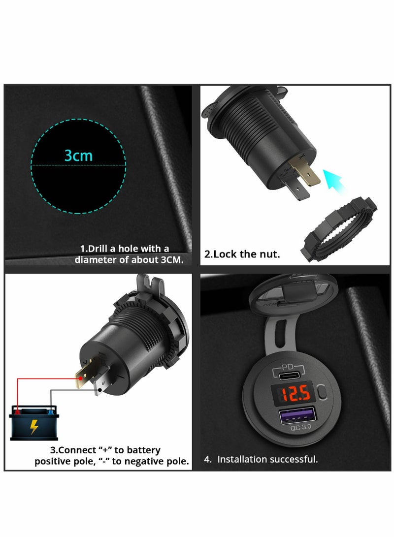 Car Quick Charger Socket, Dual PD  QC 3.0 Ports 12V USB Car Outlet Adapter with on Switch Voltage Display Lid 60cm Cable for Car Boat Marine Bus Golf Cart RV Motorcycle (Red Light) - Image 3